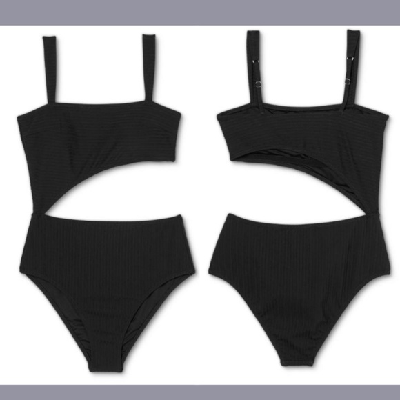 NWT Shade & Shore [ Medium ] Ribbed Cut Out One Piece Swimsuit in‎ Black - Picture 3 of 11